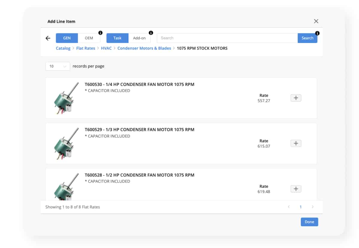 screenshot of service fusion flat rate pricing hvac fan motor product list